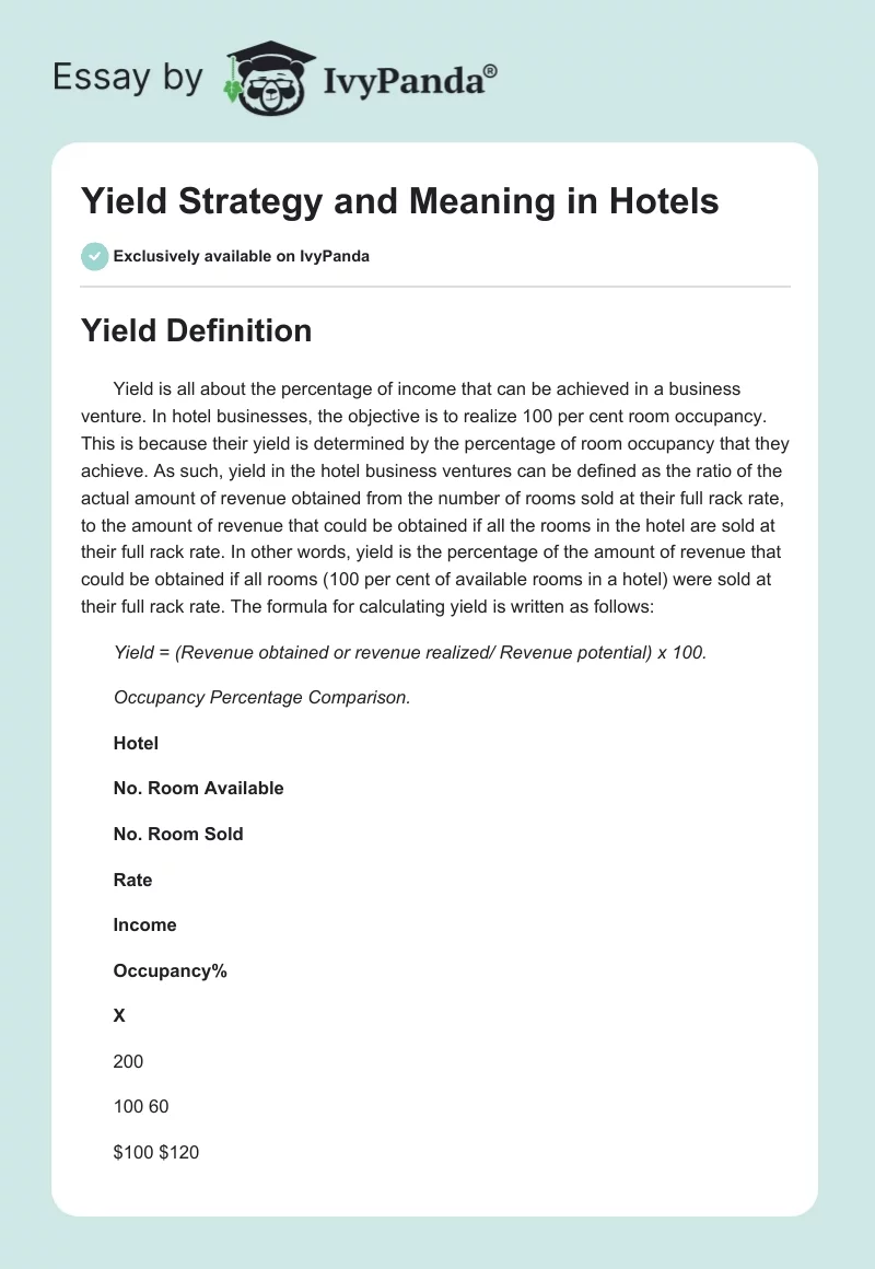 Yield Strategy and Meaning in Hotels. Page 1