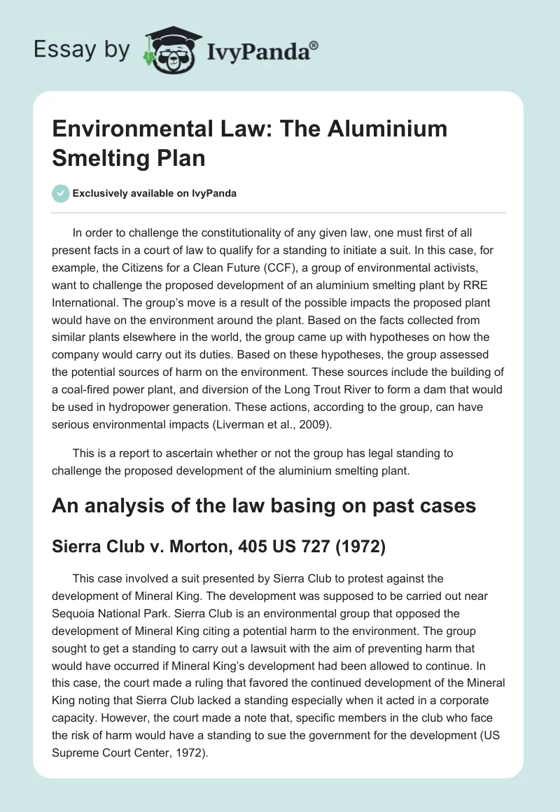 Environmental Law: The Aluminium Smelting Plan. Page 1