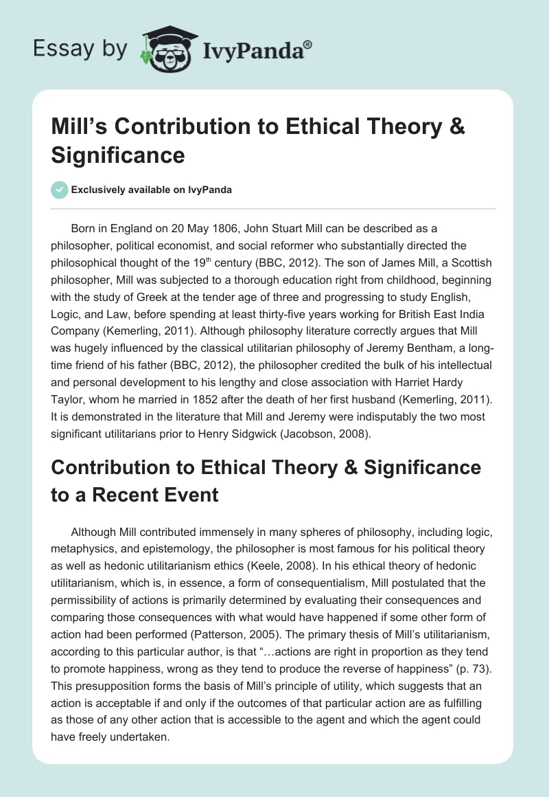 Mill’s Contribution to Ethical Theory & Significance. Page 1