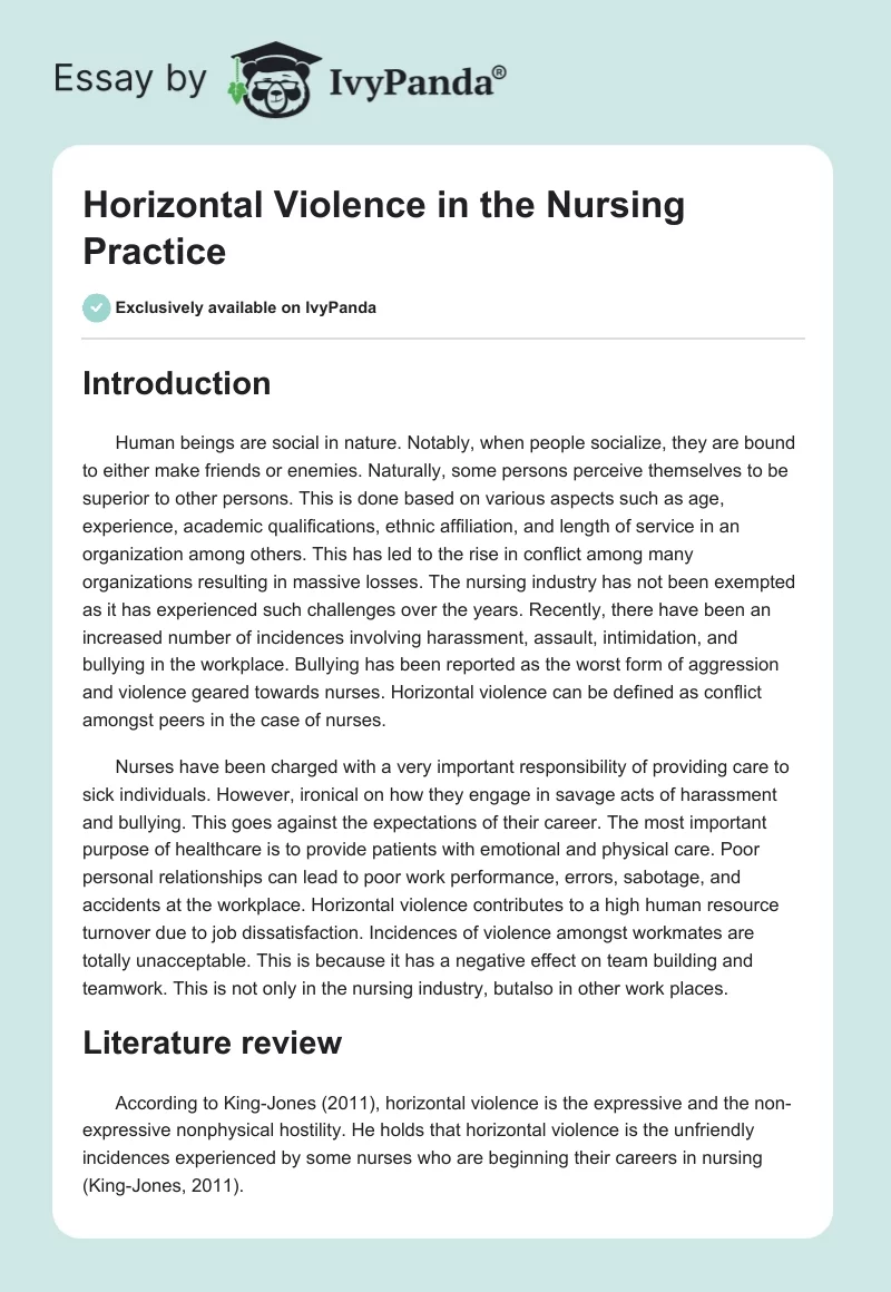 Horizontal Violence in the Nursing Practice. Page 1