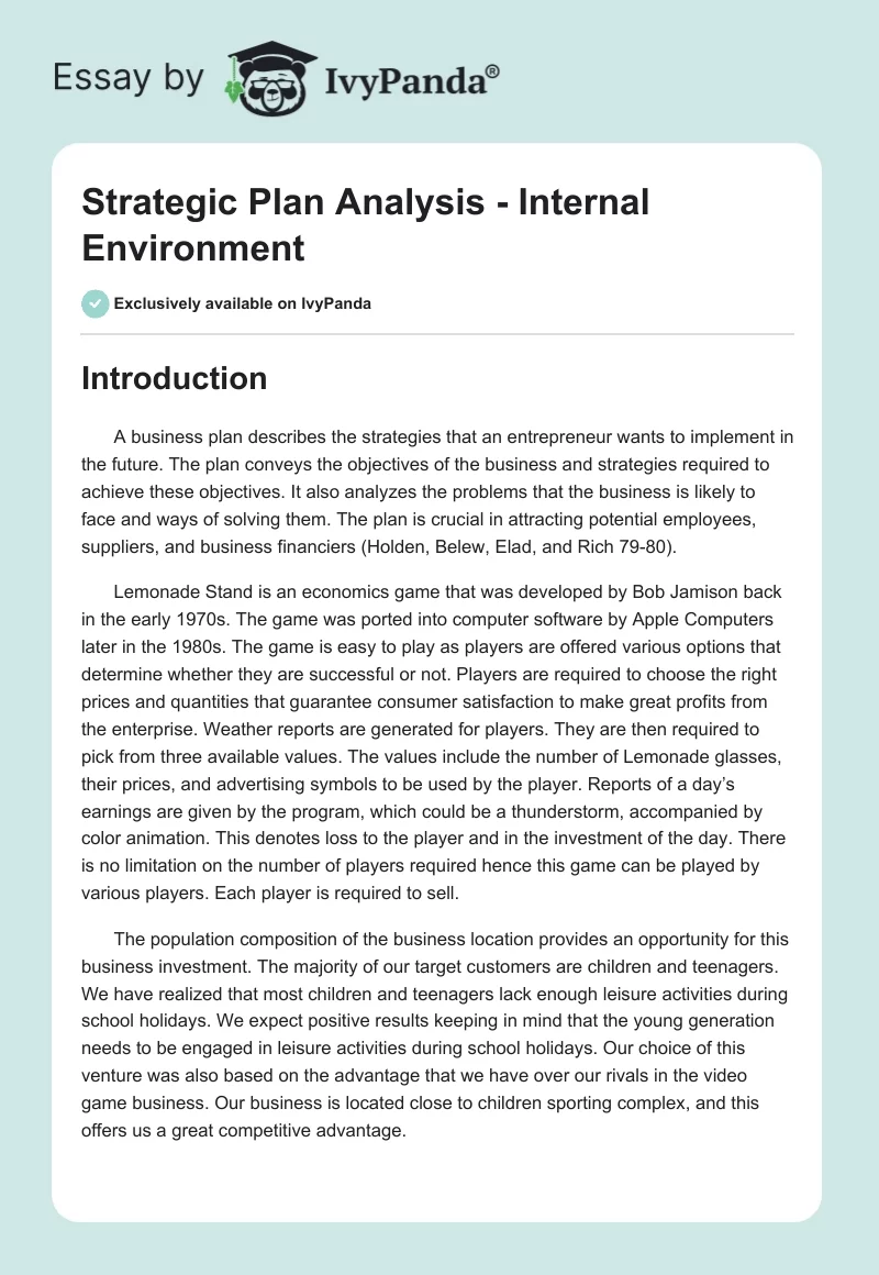 Strategic Plan Analysis - Internal Environment. Page 1