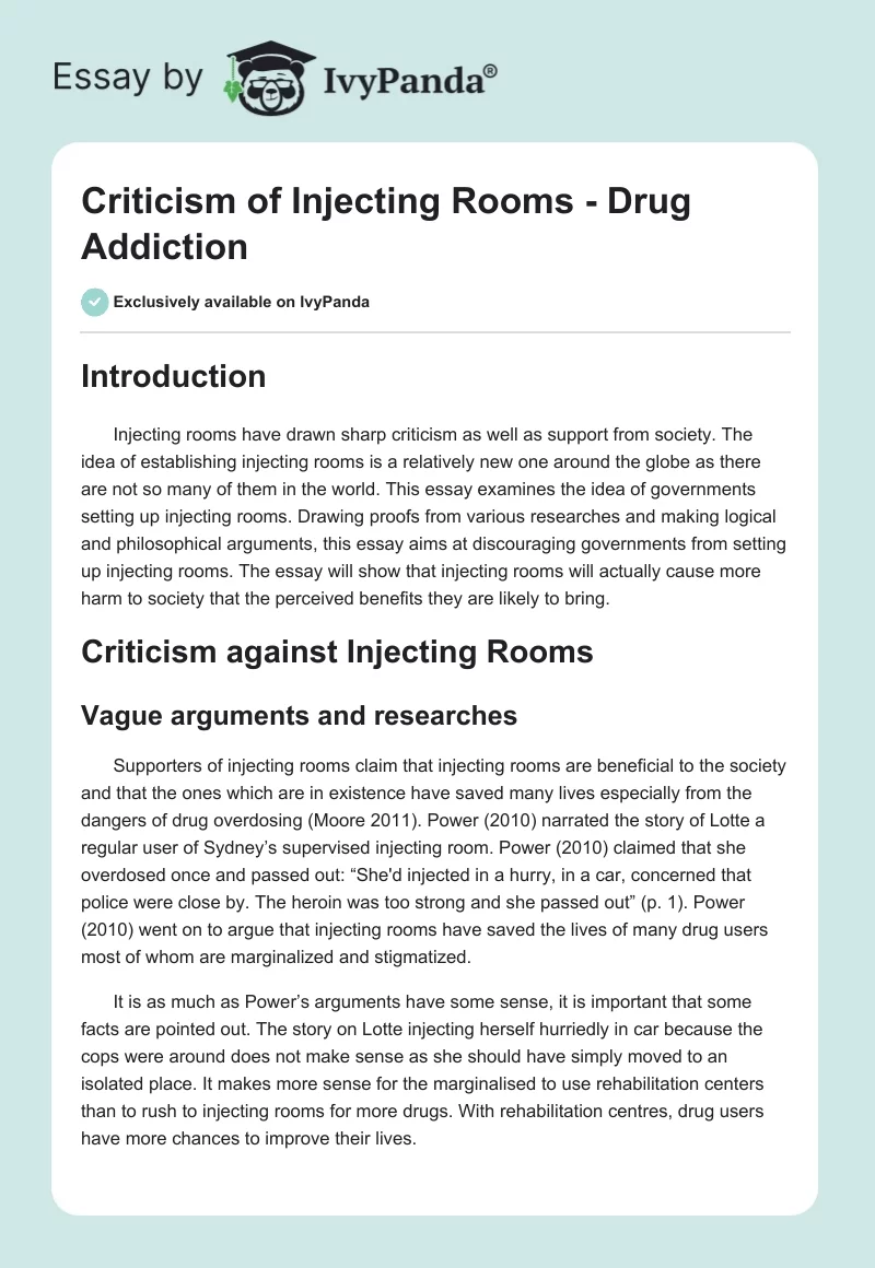 Criticism of Injecting Rooms - Drug Addiction. Page 1