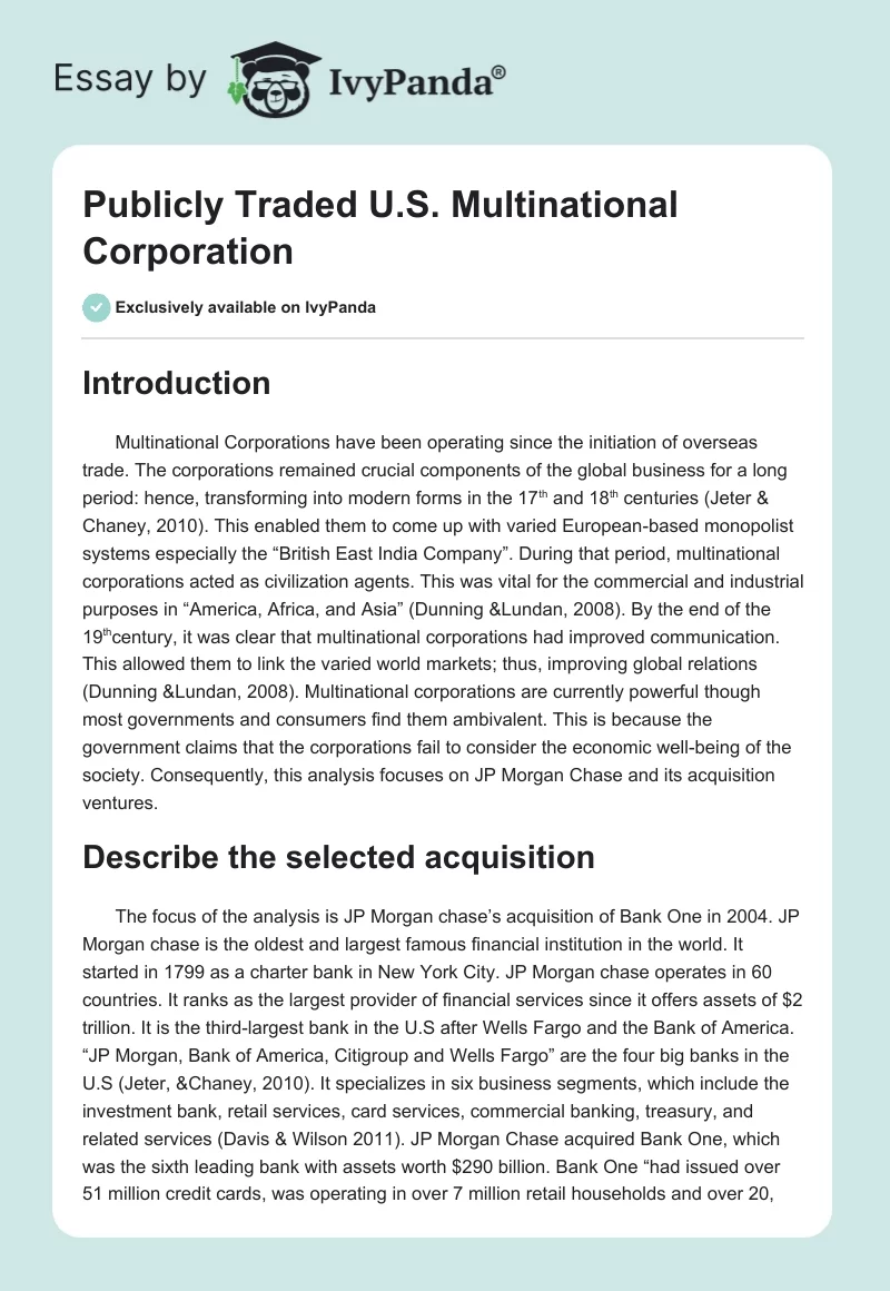 Publicly Traded U.S. Multinational Corporation. Page 1