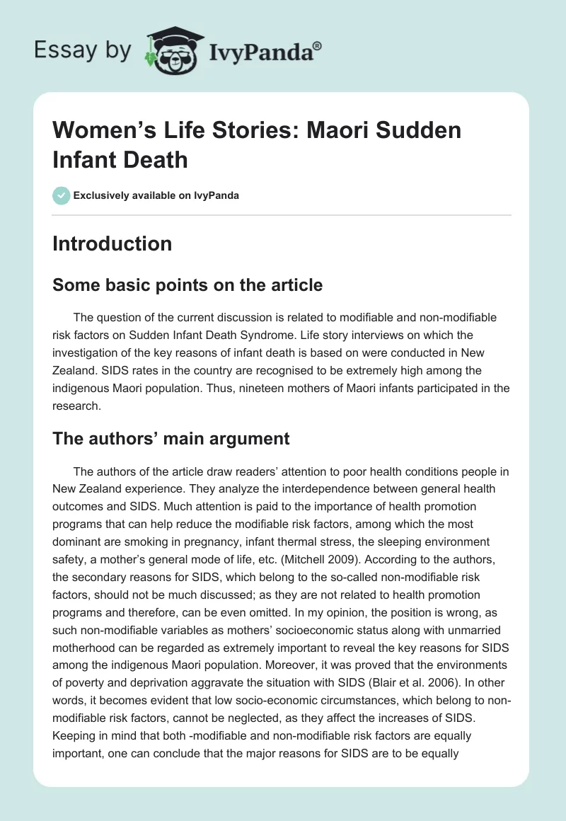 Women’s Life Stories: Maori Sudden Infant Death. Page 1