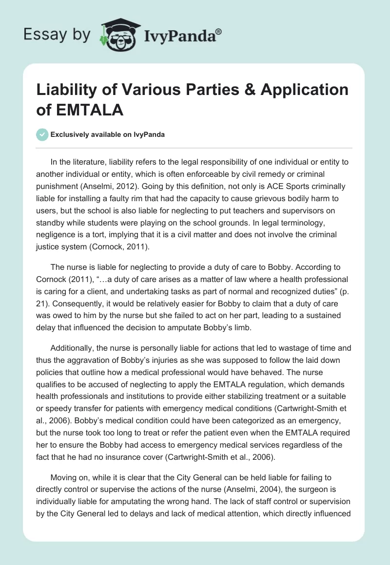 Liability of Various Parties & Application of EMTALA. Page 1