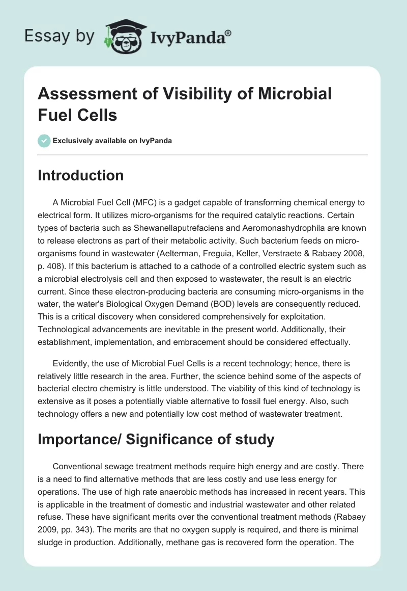 Assessment of Visibility of Microbial Fuel Cells. Page 1