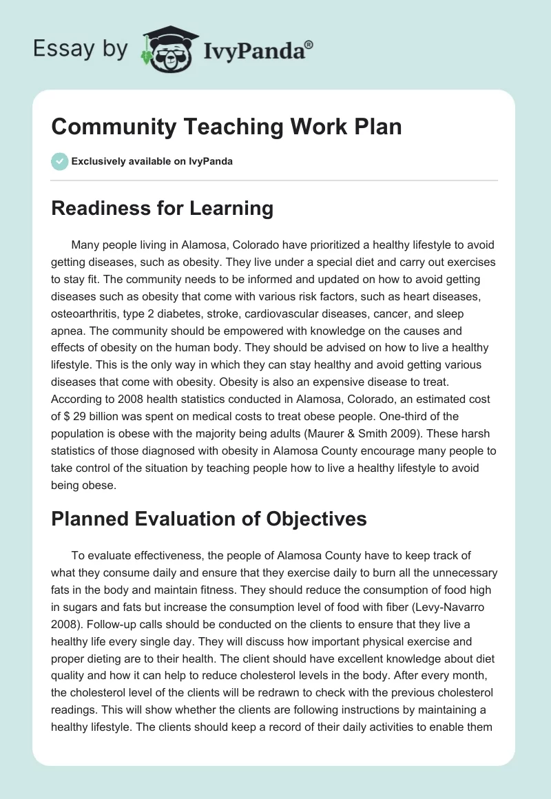 Community Teaching Work Plan. Page 1