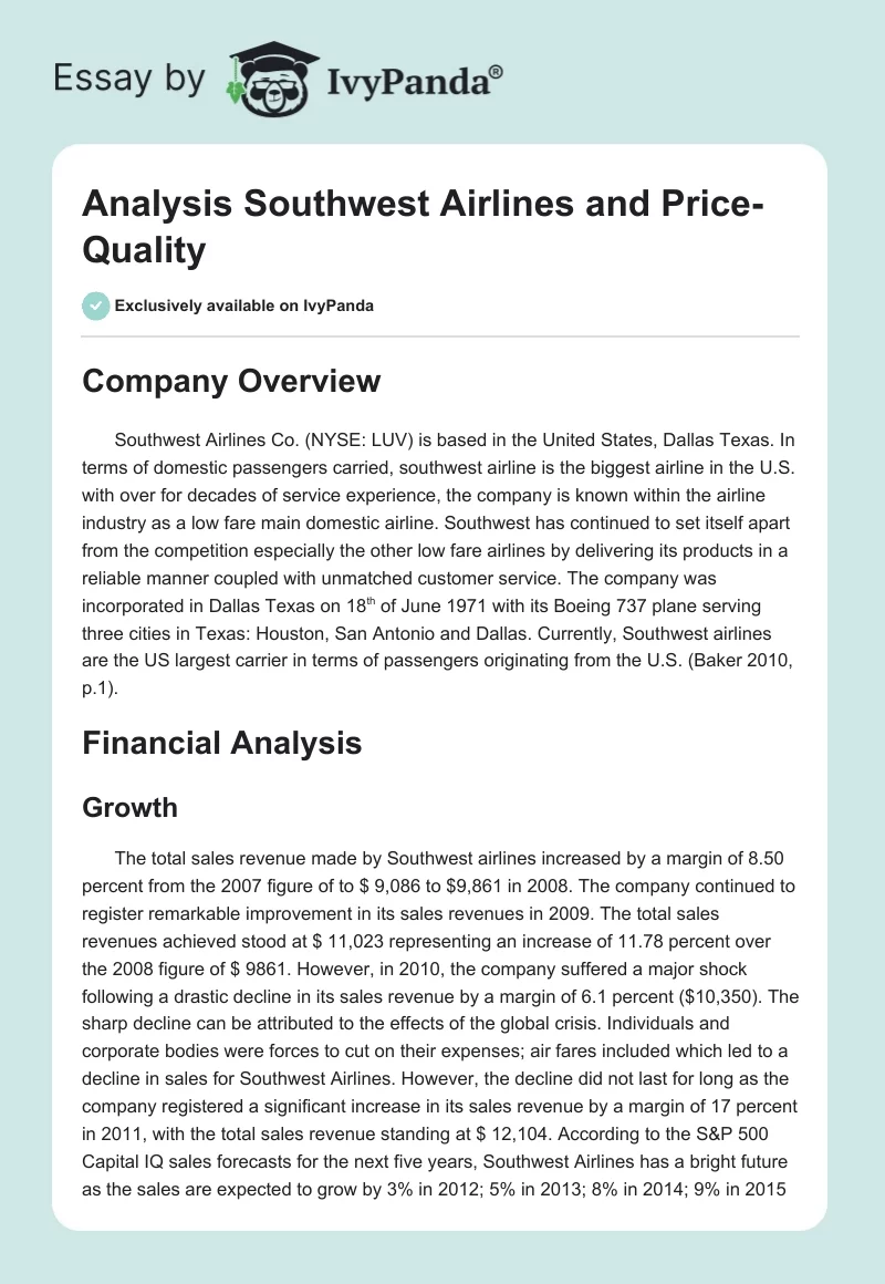 Analysis Southwest Airlines and Price-Quality. Page 1
