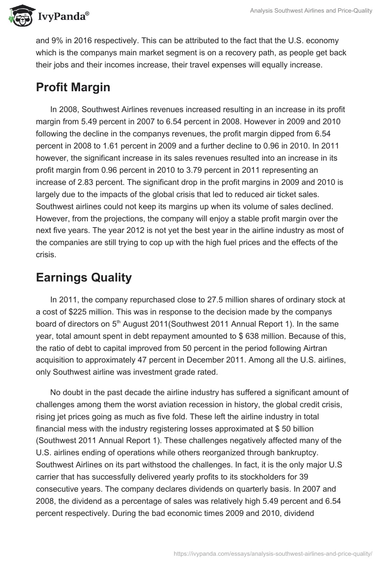 Analysis Southwest Airlines and Price-Quality. Page 2