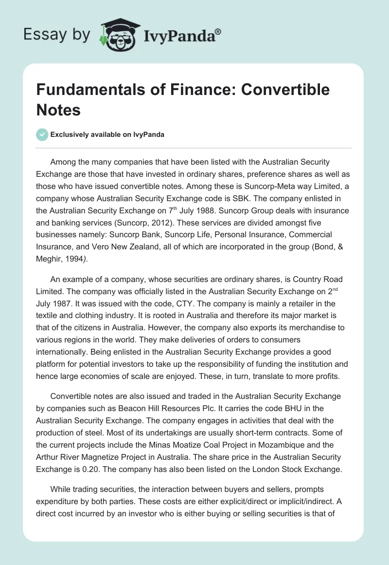 Fundamentals of Finance: Convertible Notes. Page 1