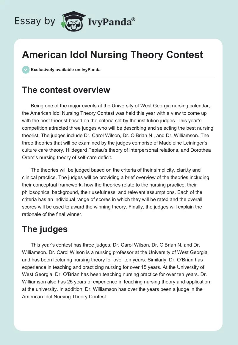 American Idol Nursing Theory Contest. Page 1