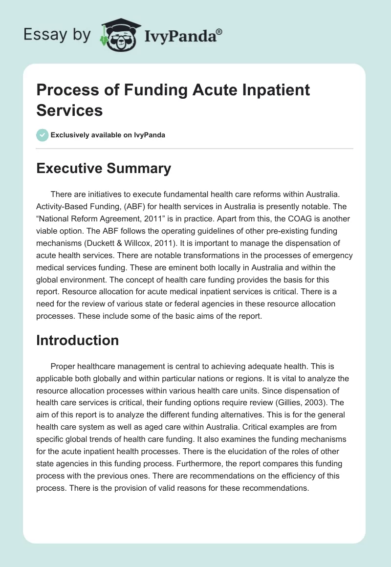 Process of Funding Acute Inpatient Services. Page 1