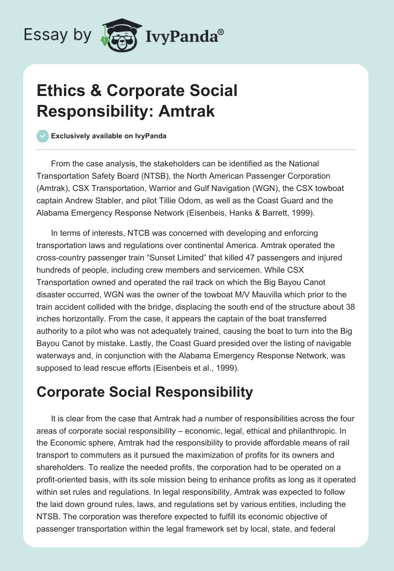 Ethics & Corporate Social Responsibility: Amtrak. Page 1