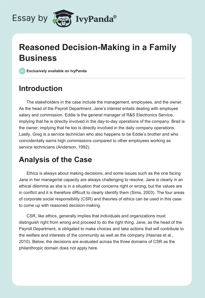Reasoned Decision-Making in a Family Business. Page 1