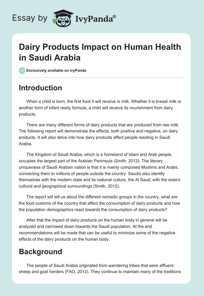 Dairy Products Impact on Human Health in Saudi Arabia. Page 1