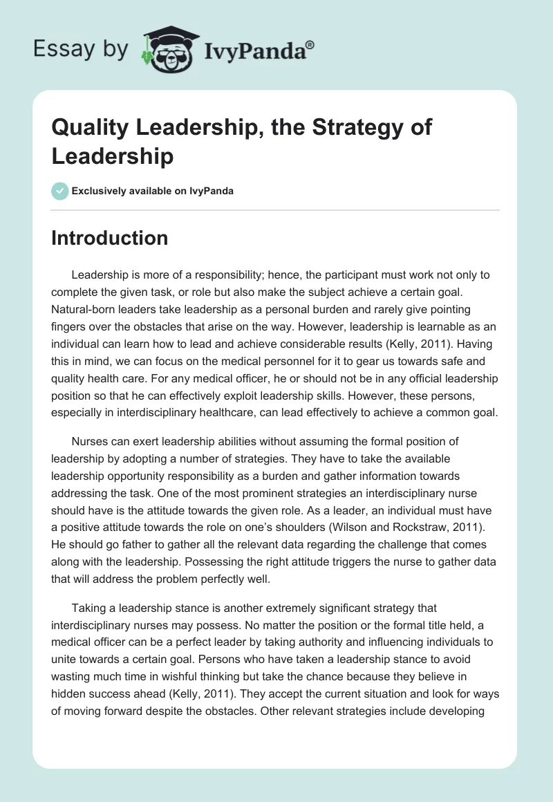 Quality Leadership, the Strategy of Leadership. Page 1