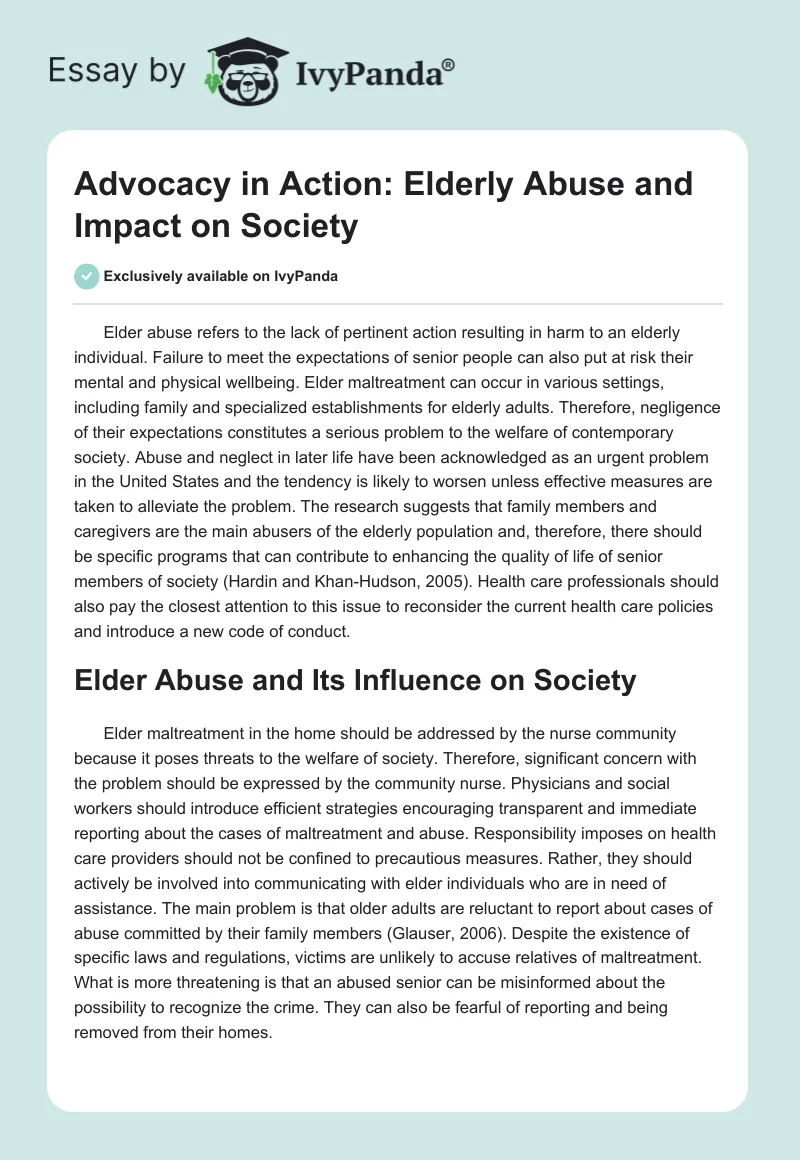Advocacy in Action: Elderly Abuse and Impact on Society. Page 1