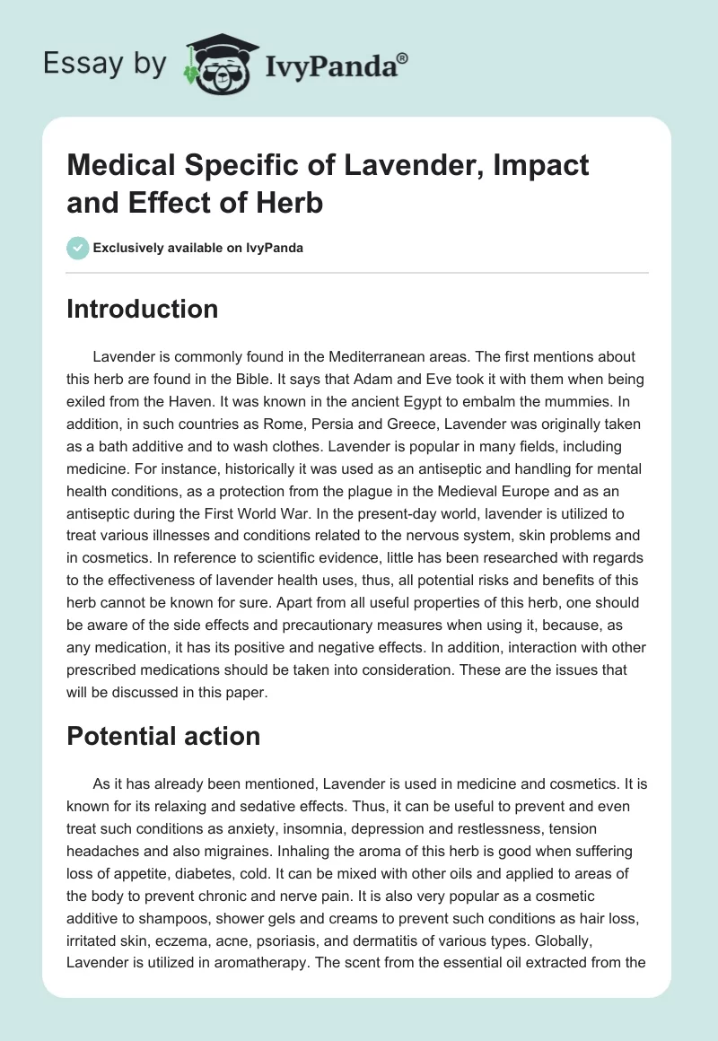Medical Specific of Lavender, Impact and Effect of Herb. Page 1