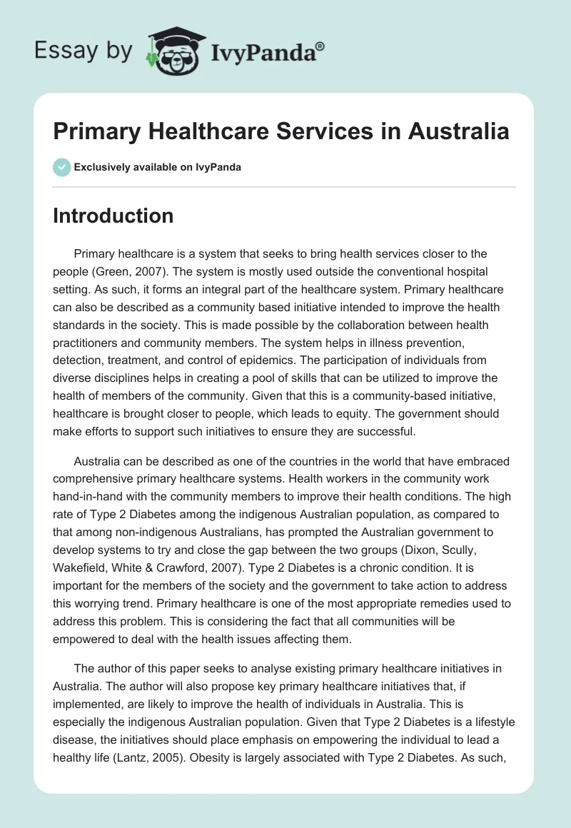 Primary Healthcare Services in Australia. Page 1