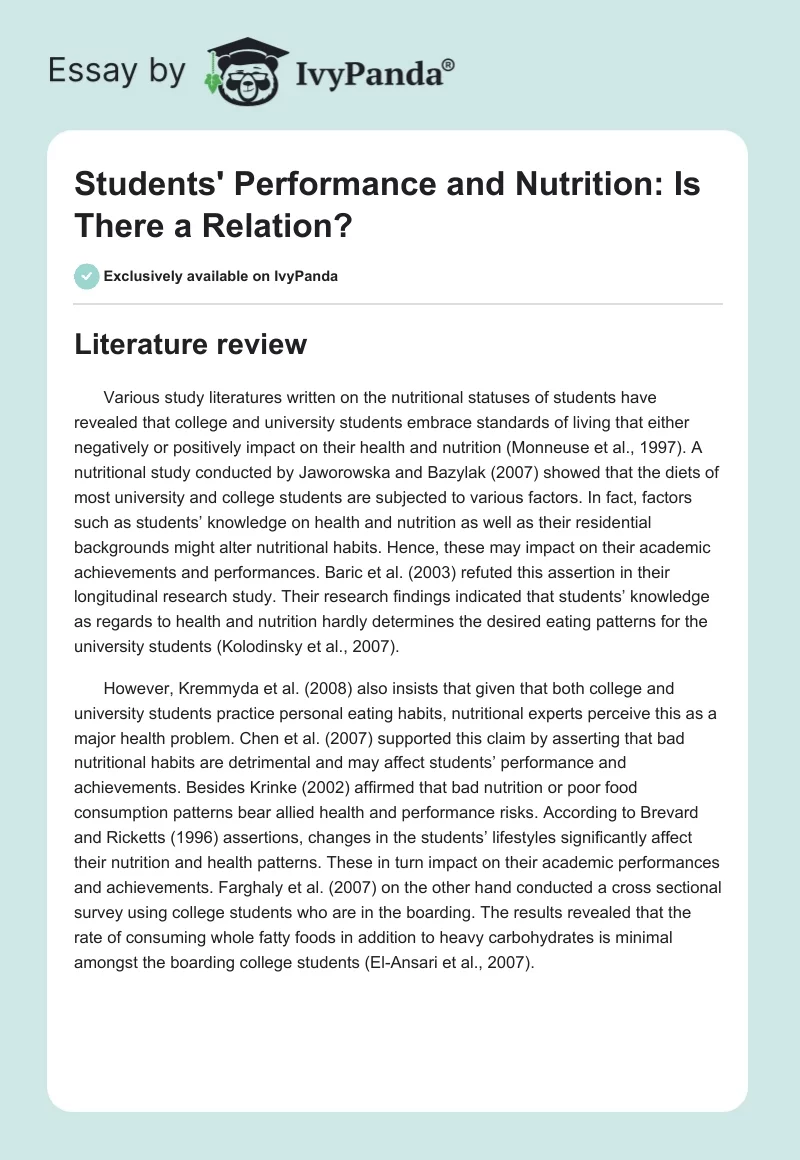 Students' Performance and Nutrition: Is There a Relation?. Page 1