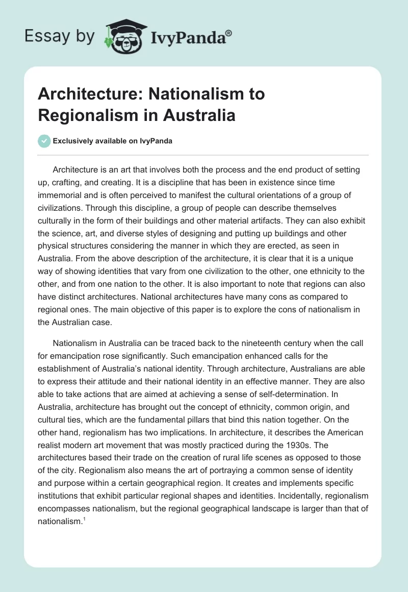 Architecture: Nationalism to Regionalism in Australia. Page 1
