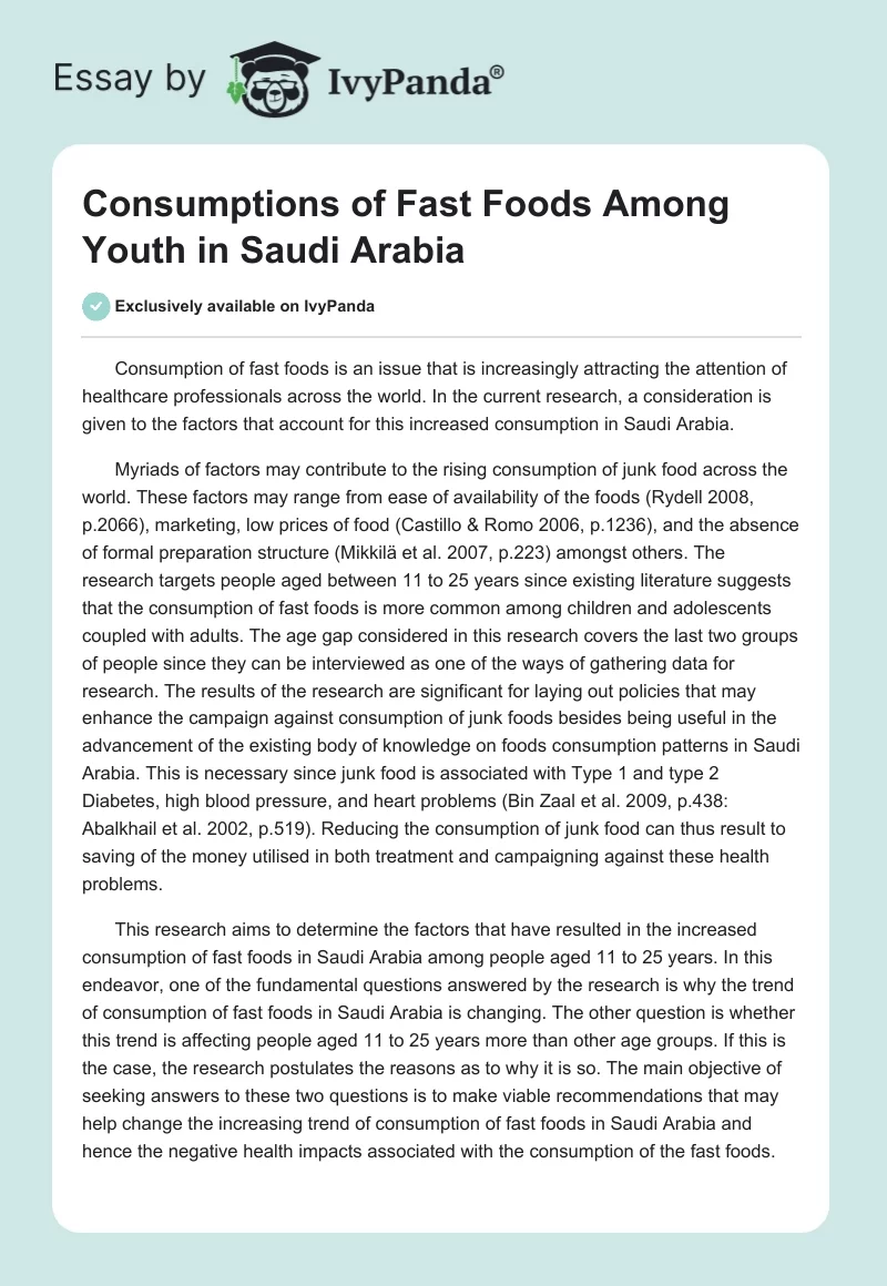 Consumptions of Fast Foods Among Youth in Saudi Arabia. Page 1