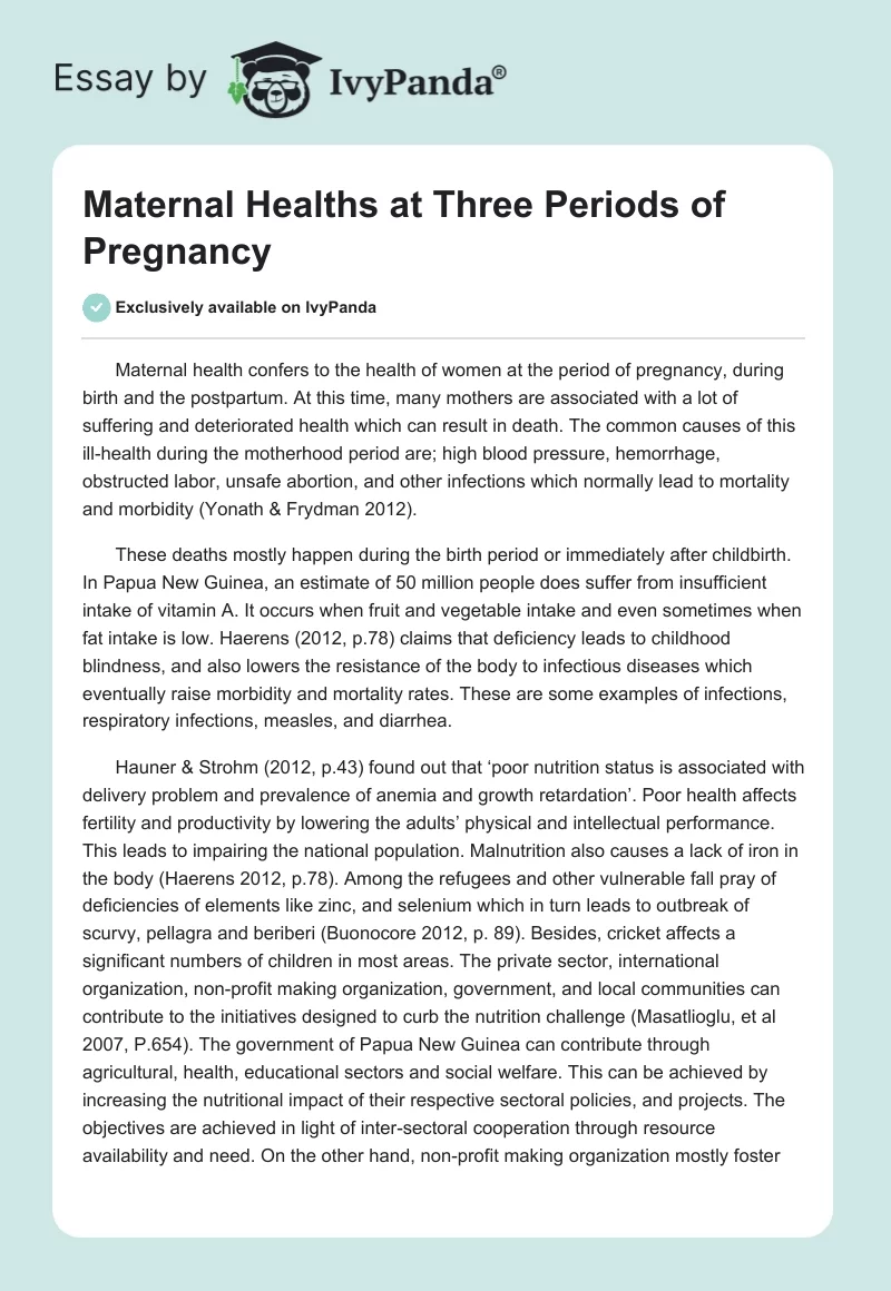 Maternal Healths at Three Periods of Pregnancy. Page 1