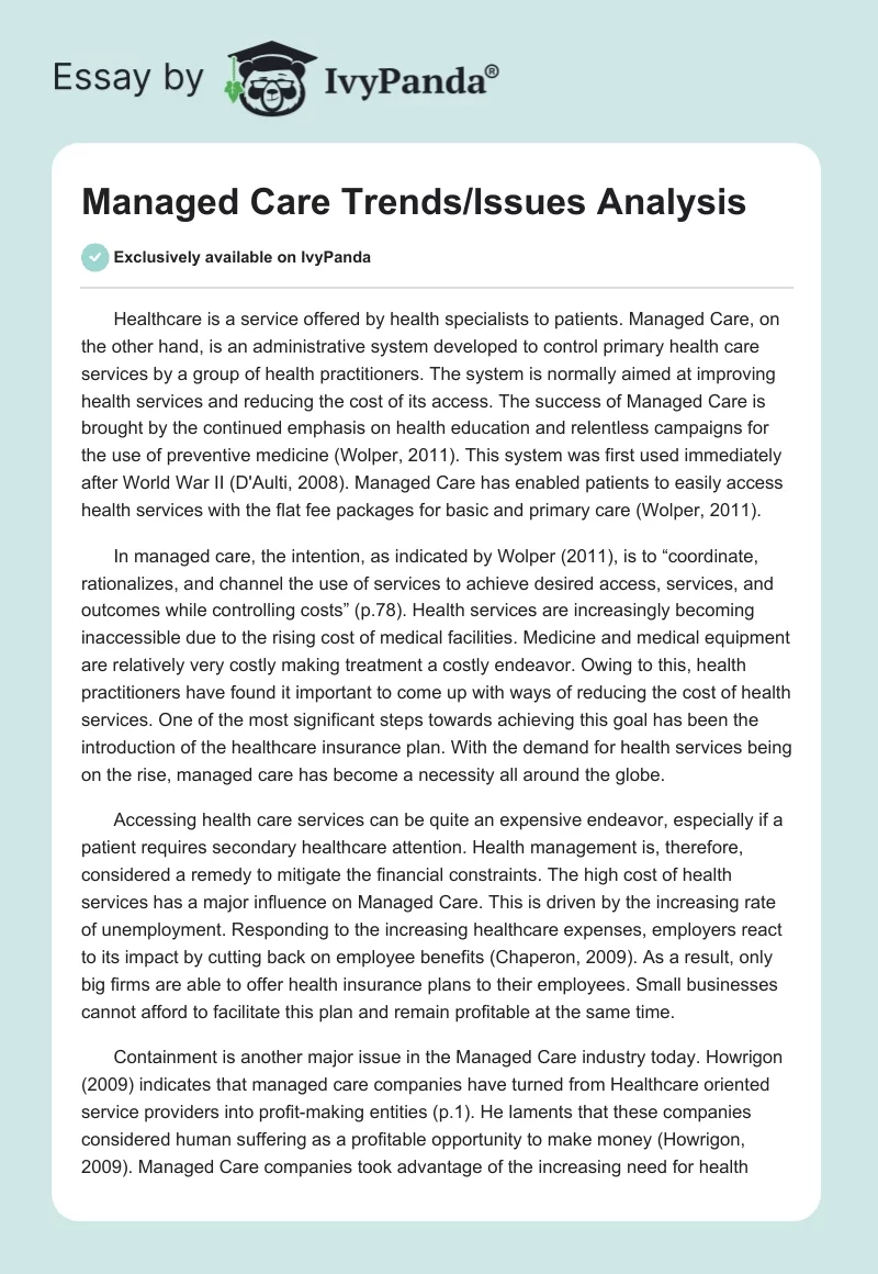 Managed Care Trends/Issues Analysis. Page 1