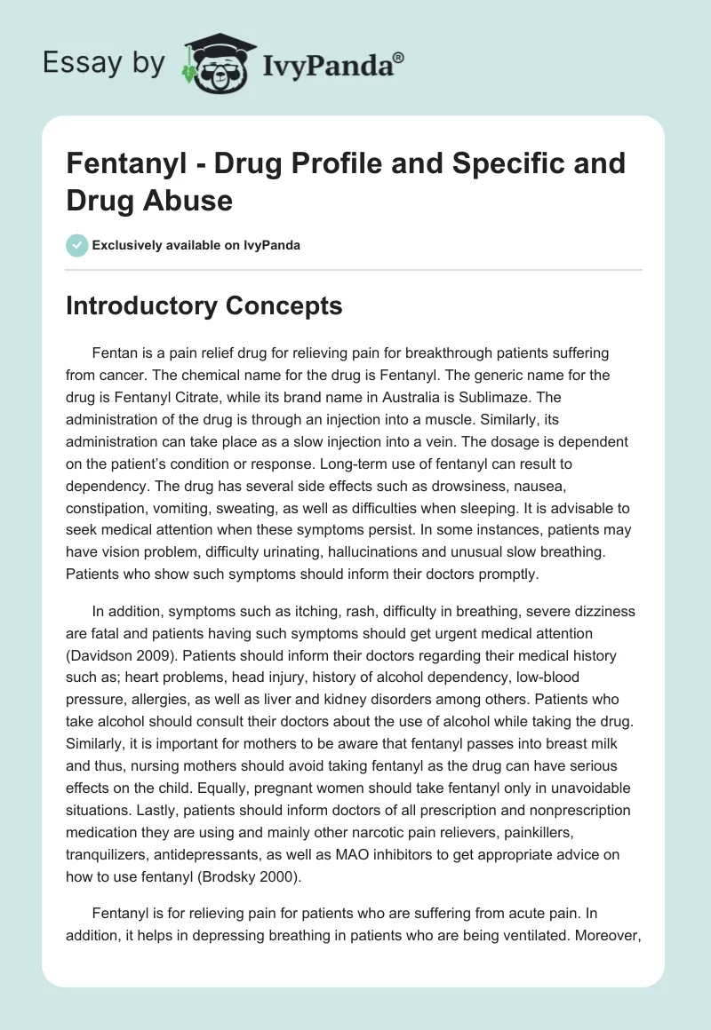 Fentanyl - Drug Profile and Specific and Drug Abuse. Page 1