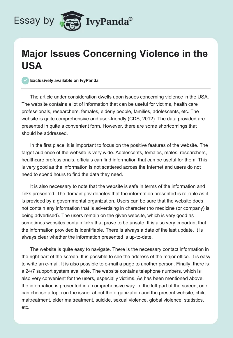 Major Issues Concerning Violence in the USA. Page 1