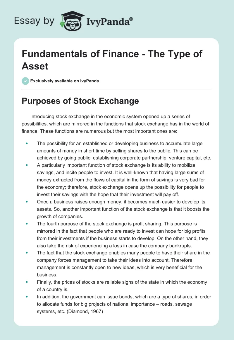 Fundamentals of Finance - The Type of Asset. Page 1