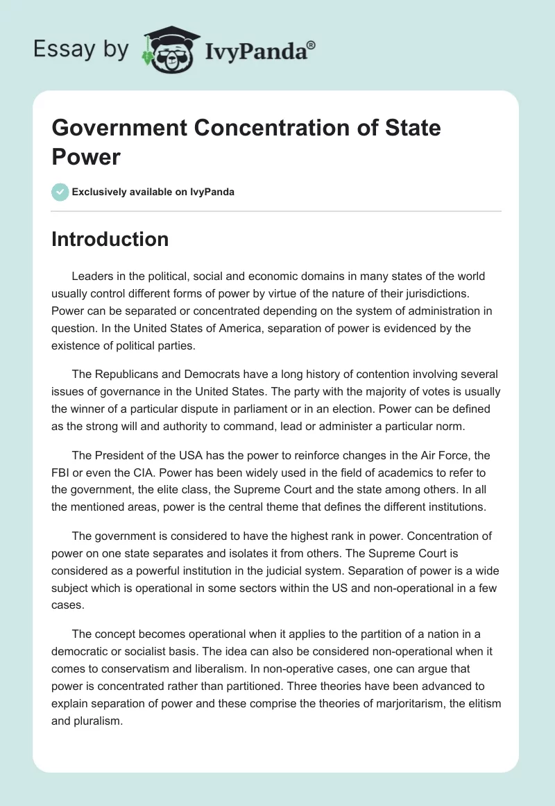 Government Concentration of State Power. Page 1