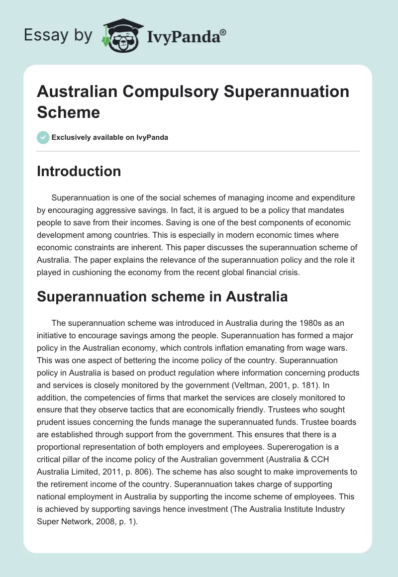 Australian Compulsory Superannuation Scheme. Page 1