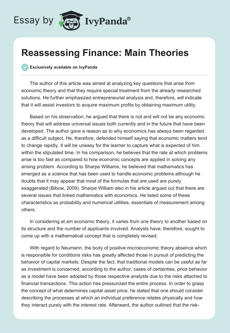 Reassessing Finance: Main Theories. Page 1