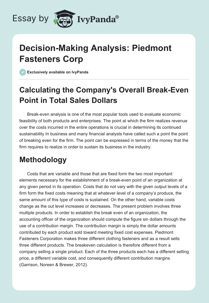 Decision-Making Analysis: Piedmont Fasteners Corp. Page 1