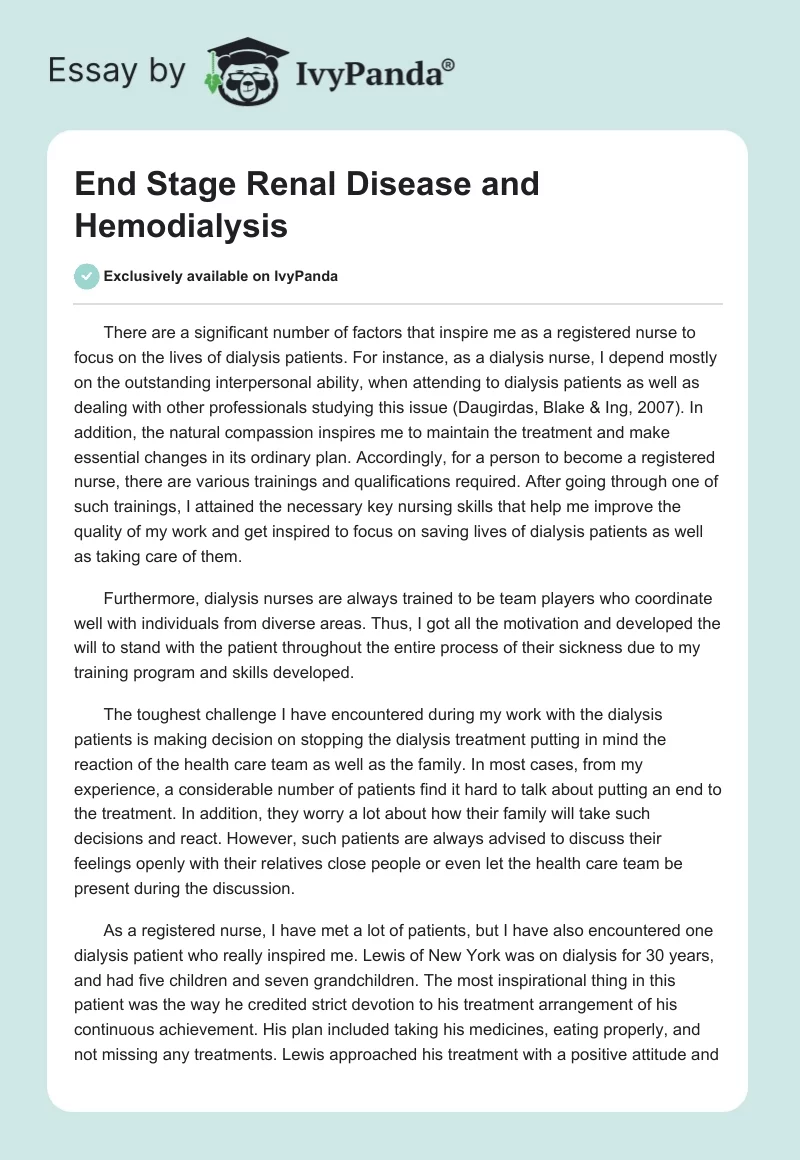 End Stage Renal Disease and Hemodialysis. Page 1