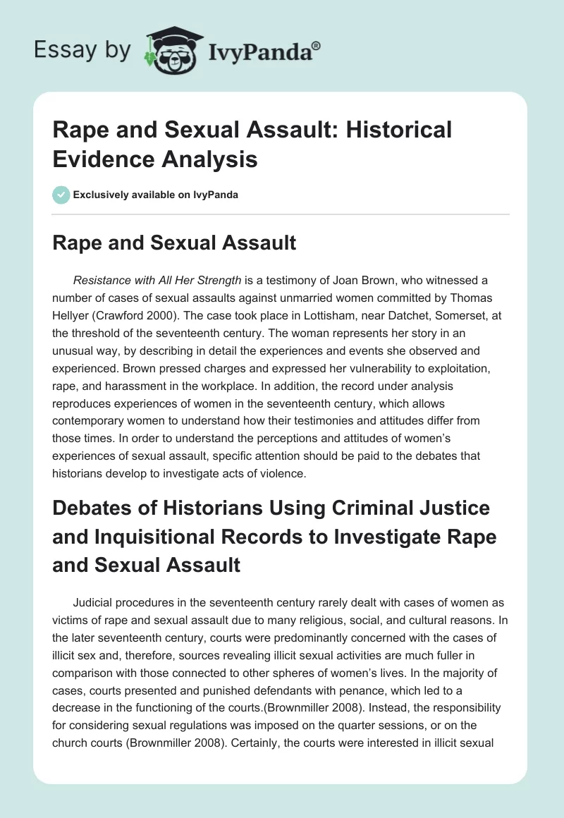 Rape and Sexual Assault: Historical Evidence Analysis. Page 1