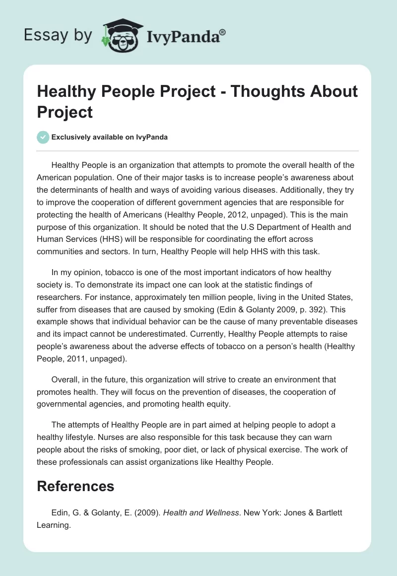Healthy People Project - Thoughts About Project. Page 1