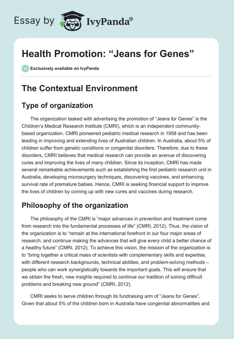 Health Promotion: “Jeans for Genes”. Page 1