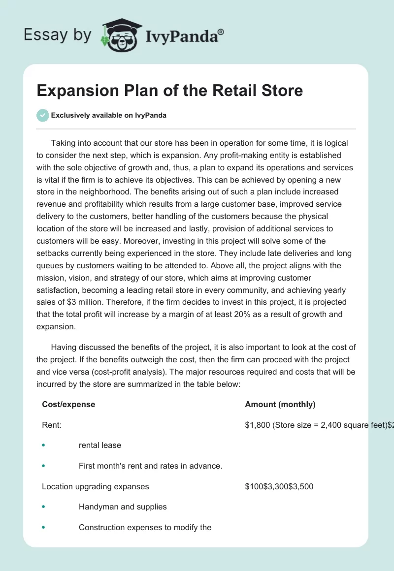 Expansion Plan of the Retail Store. Page 1