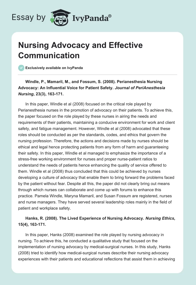 Nursing Advocacy and Effective Communication. Page 1