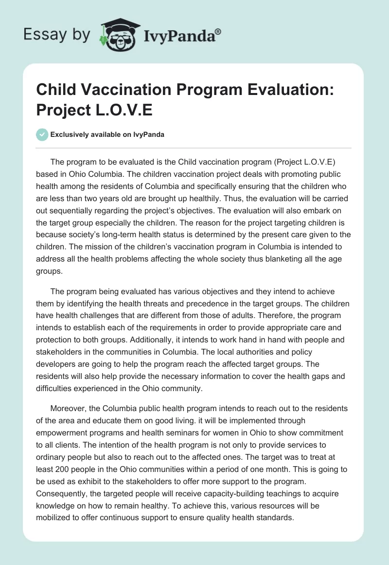 Child Vaccination Program Evaluation: Project L.O.V.E. Page 1