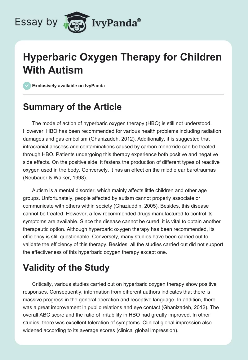 Hyperbaric Oxygen Therapy for Children With Autism. Page 1