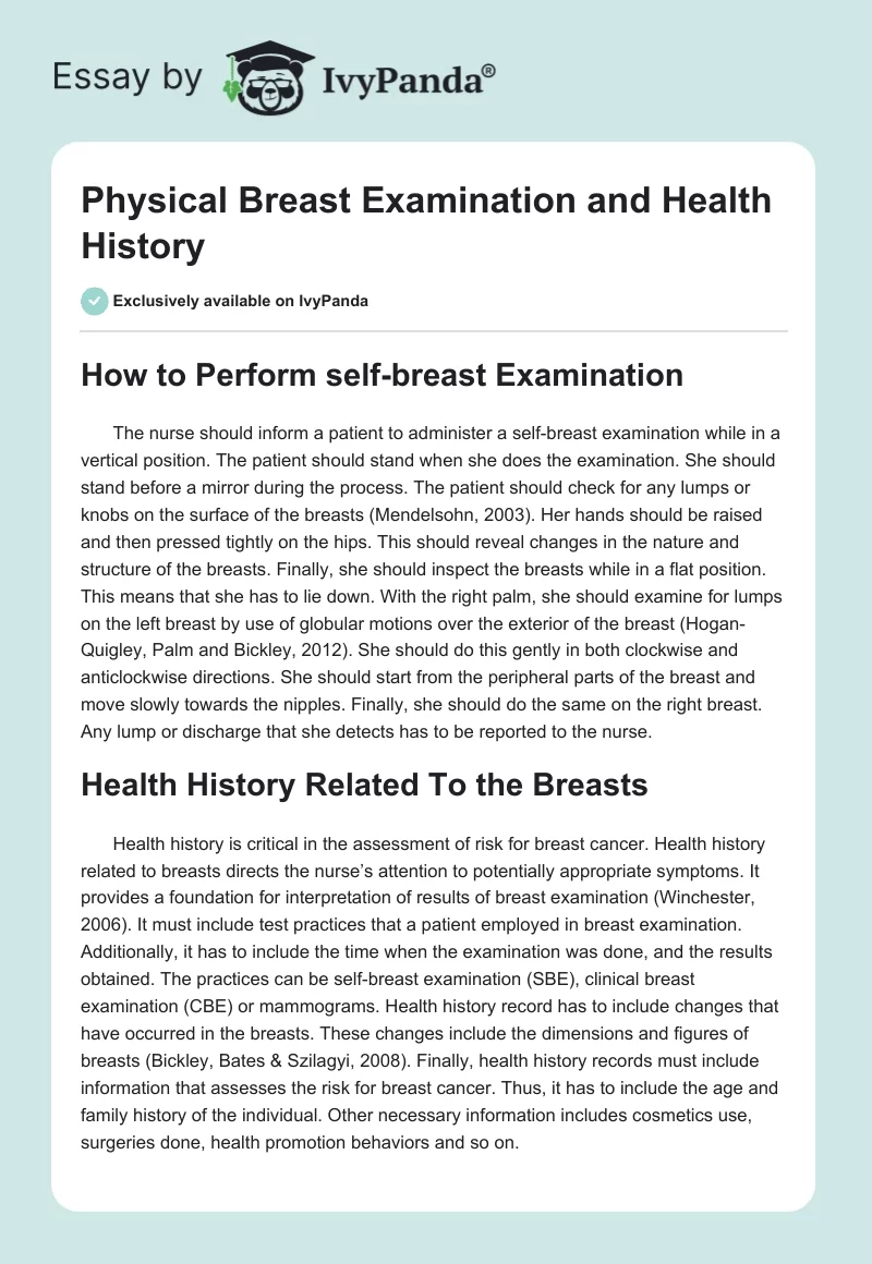 Physical Breast Examination and Health History. Page 1