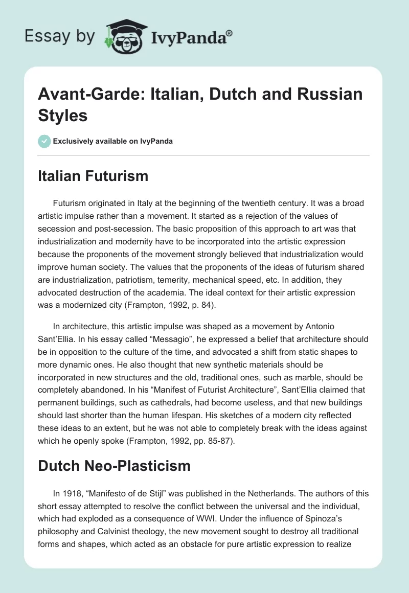 Avant-Garde: Italian, Dutch and Russian Styles. Page 1