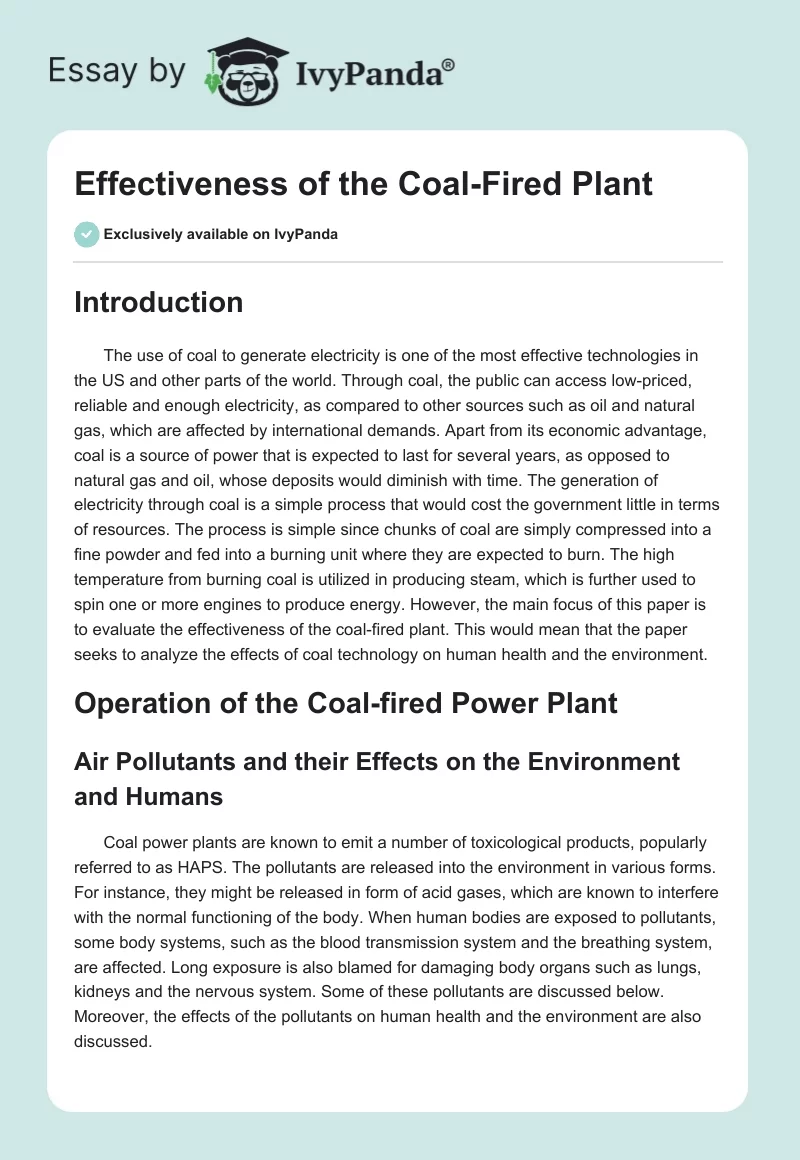 Effectiveness of the Coal-Fired Plant. Page 1