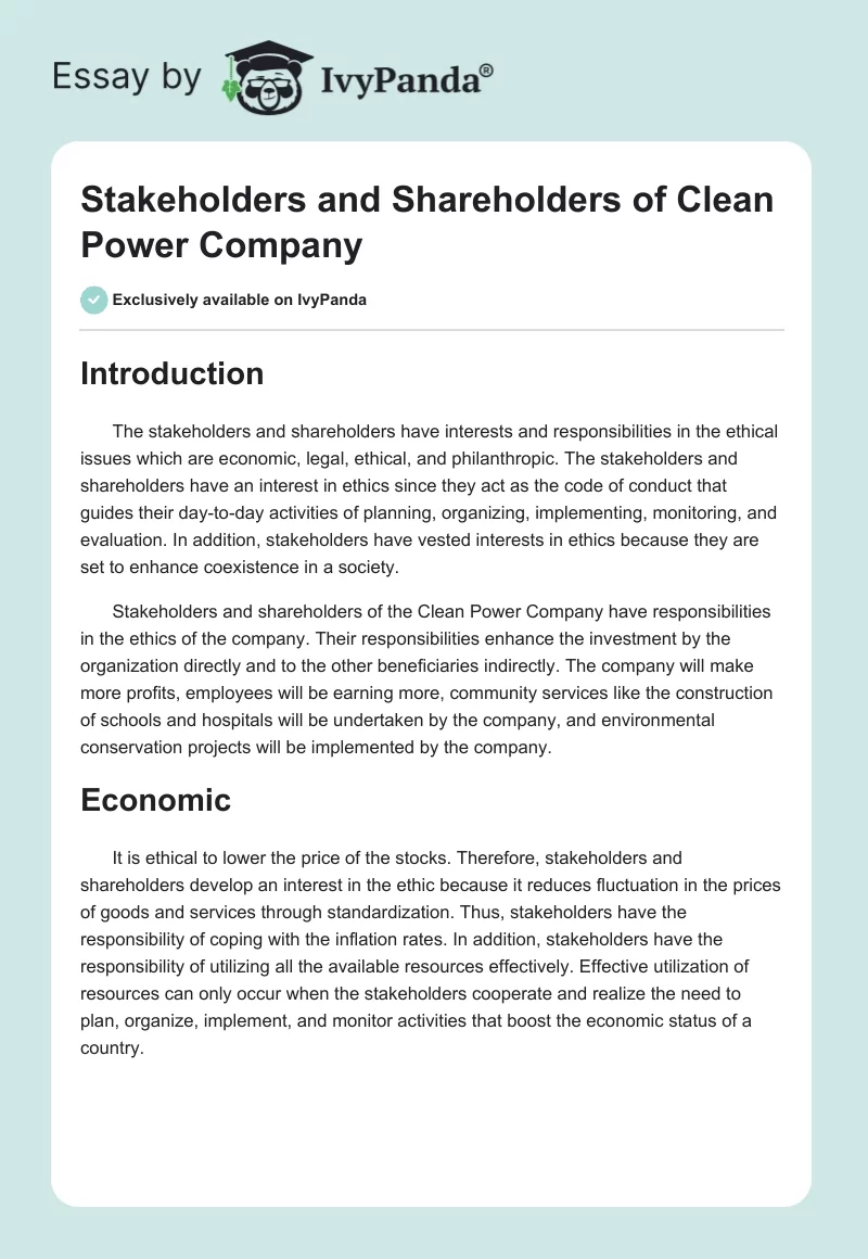 Stakeholders and Shareholders of Clean Power Company. Page 1