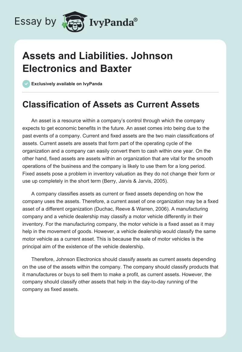 Assets and Liabilities. Johnson Electronics and Baxter. Page 1