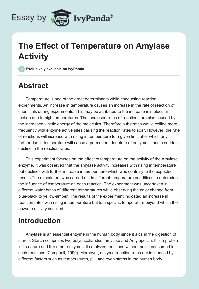 The Effect of Temperature on Amylase Activity. Page 1