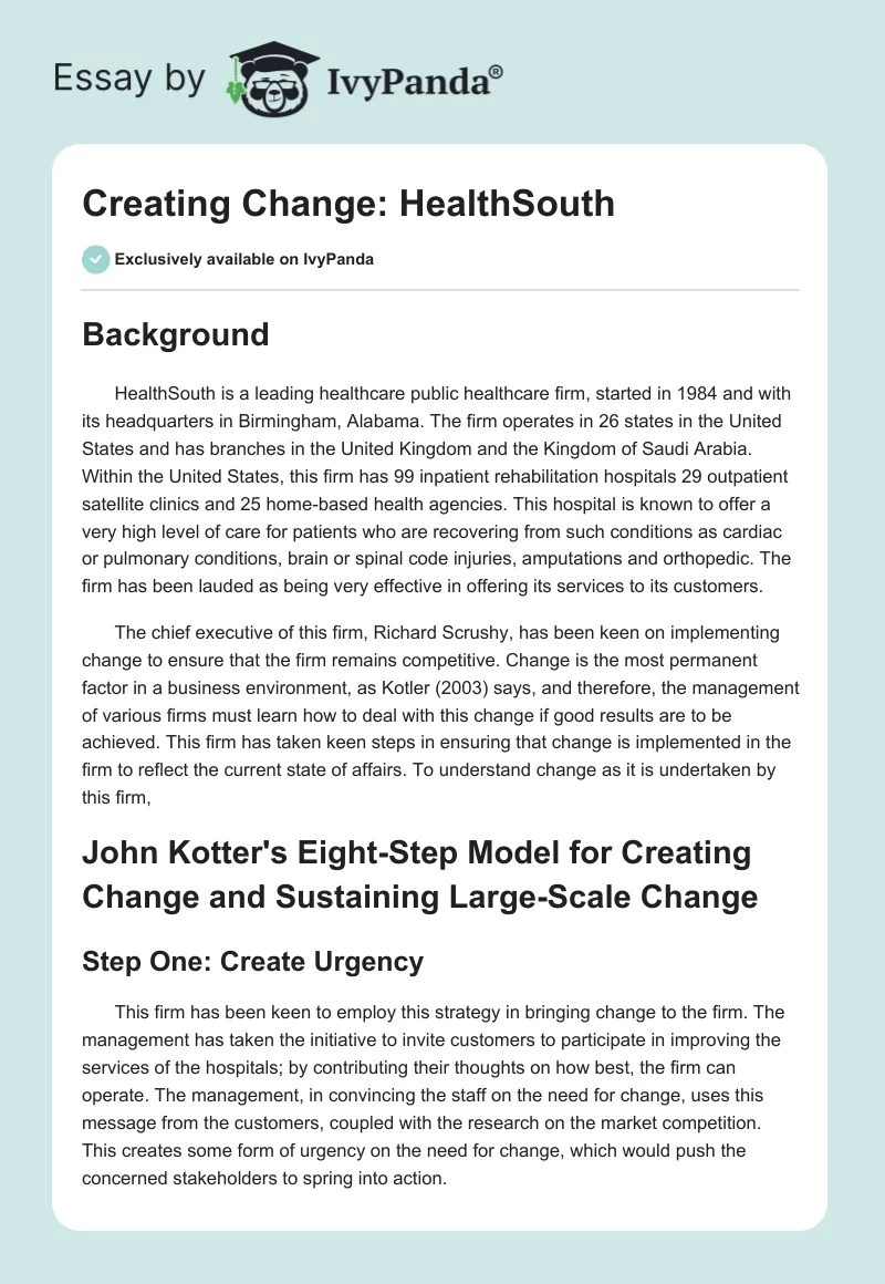 Creating Change: HealthSouth. Page 1
